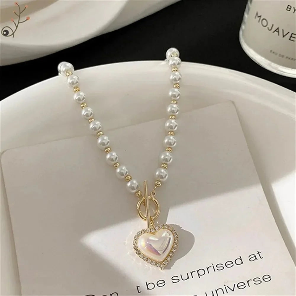 Womens Necklace with Pearl Look and Heart Clasp