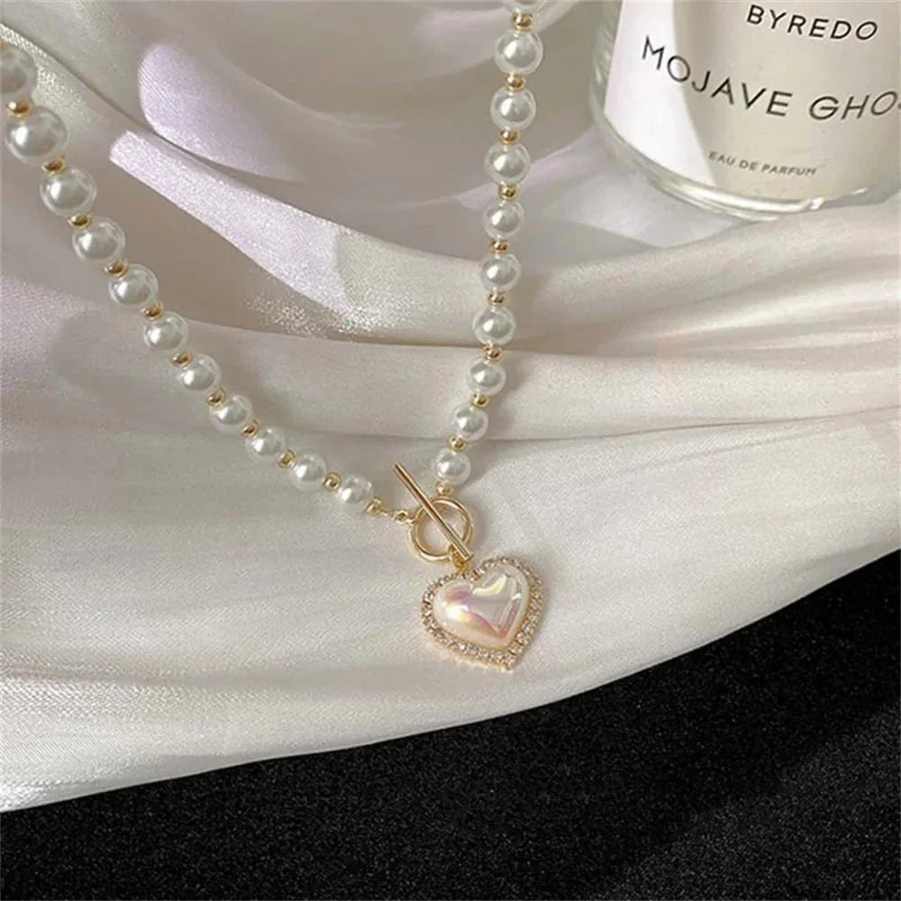 Womens Necklace with Pearl Look and Heart Clasp
