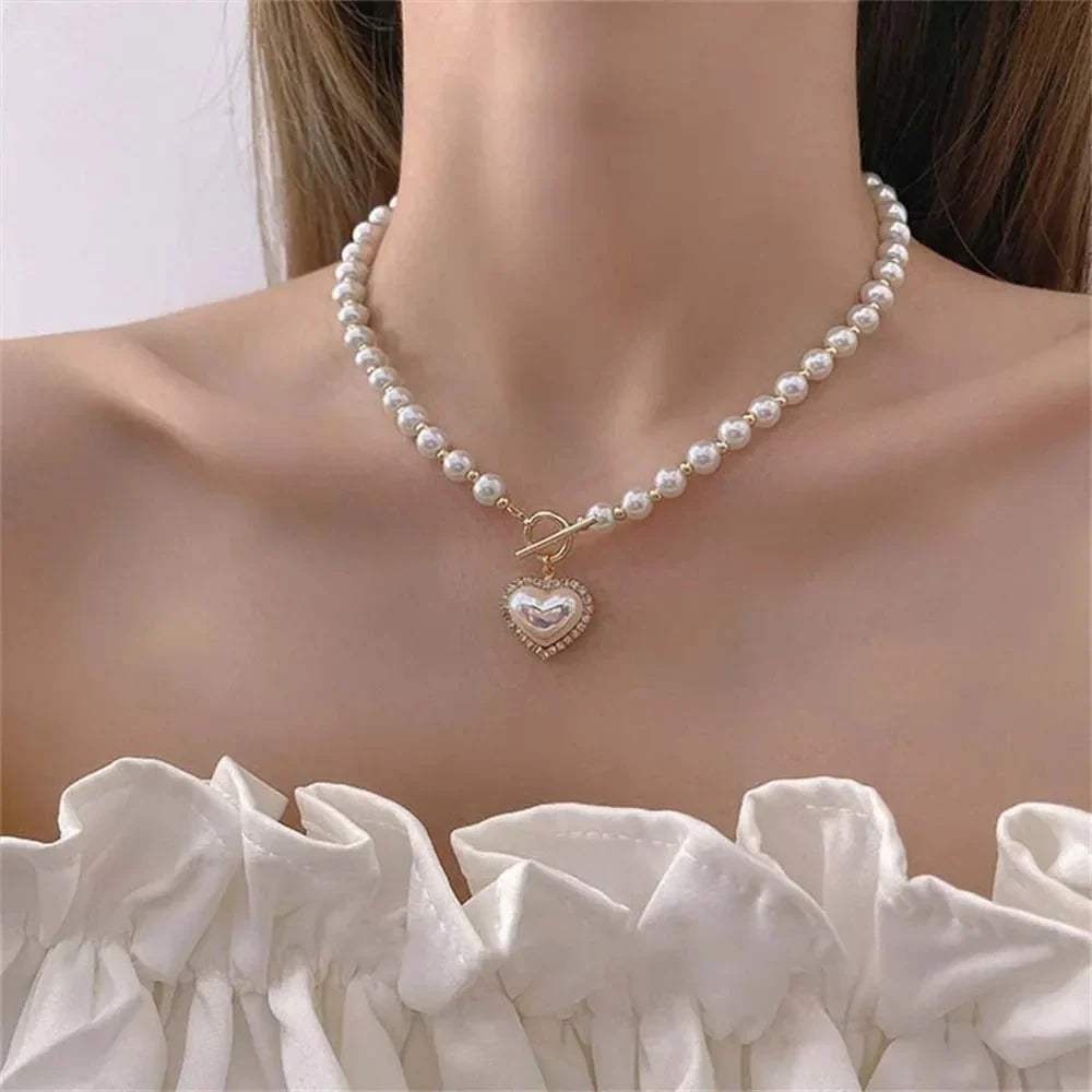 Womens Necklace with Pearl Look and Heart Clasp