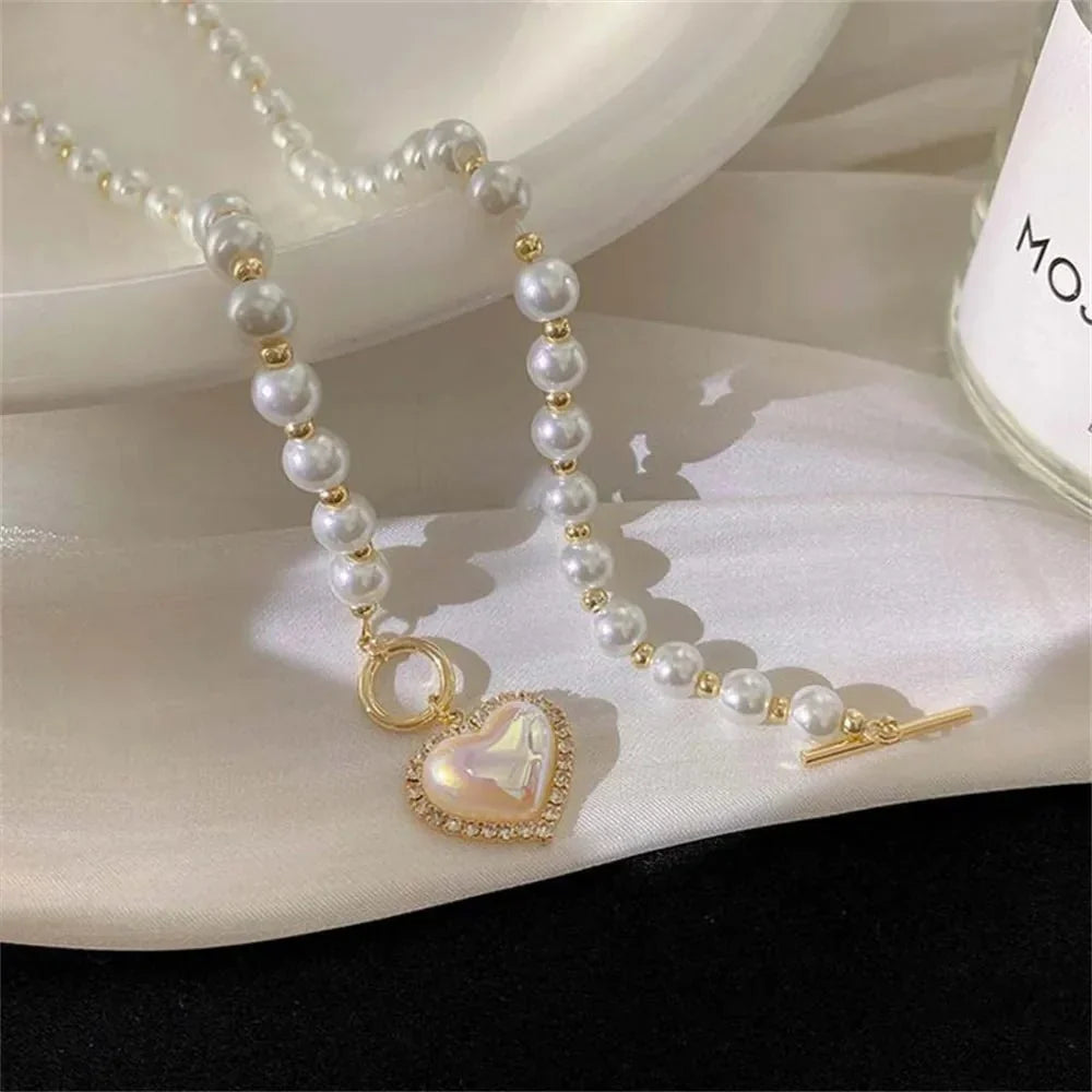 Womens Necklace with Pearl Look and Heart Clasp