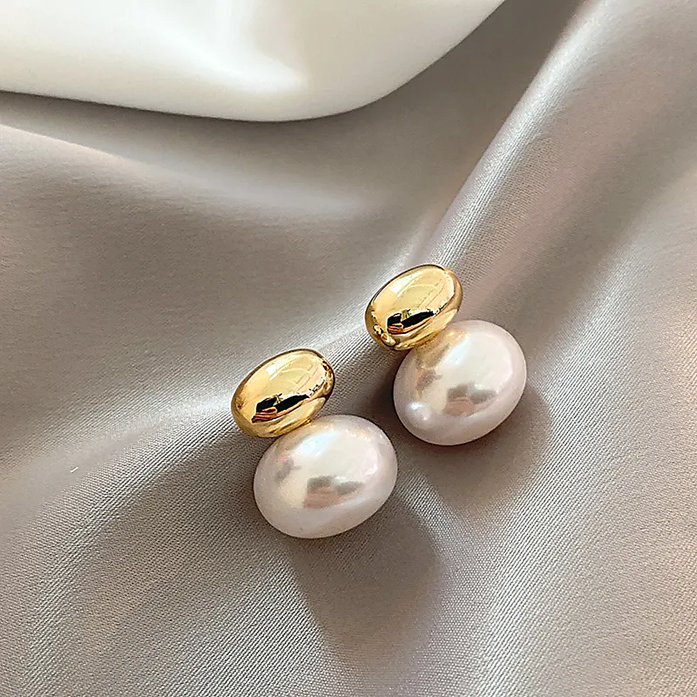 Women's Ear Studs with Oval Pearl Detail and Two-Part Design