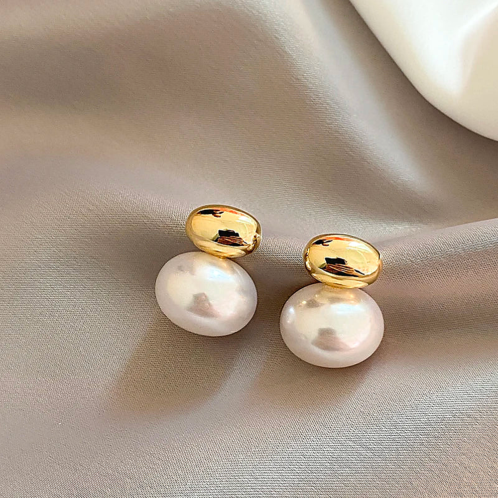 Women's Ear Studs with Oval Pearl Detail and Two-Part Design