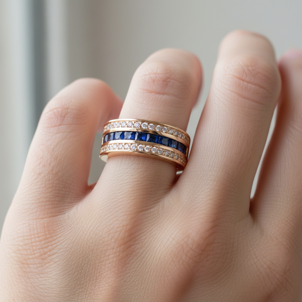 Ronan – Men's square ring with crystals & gold-plated sapphire