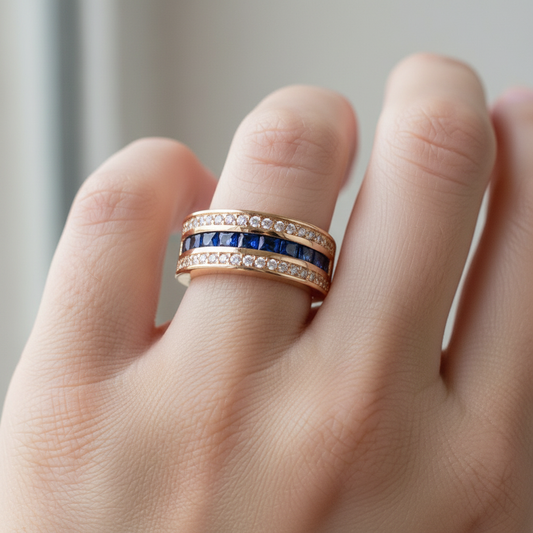 Ronan – Men's square ring with crystals & gold-plated sapphire