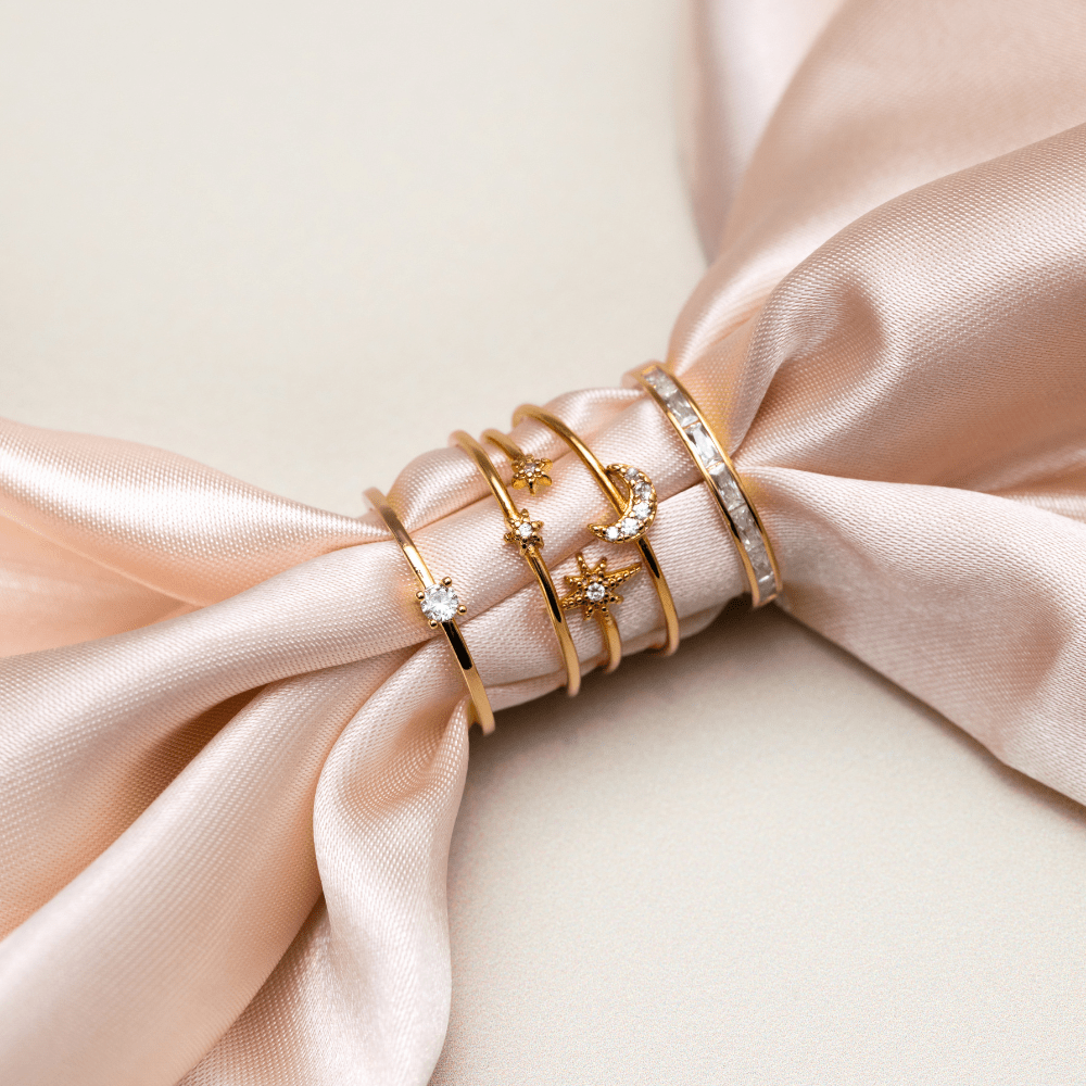 Women’s Open Ring with Star and Moon Motif and Crystal Accents