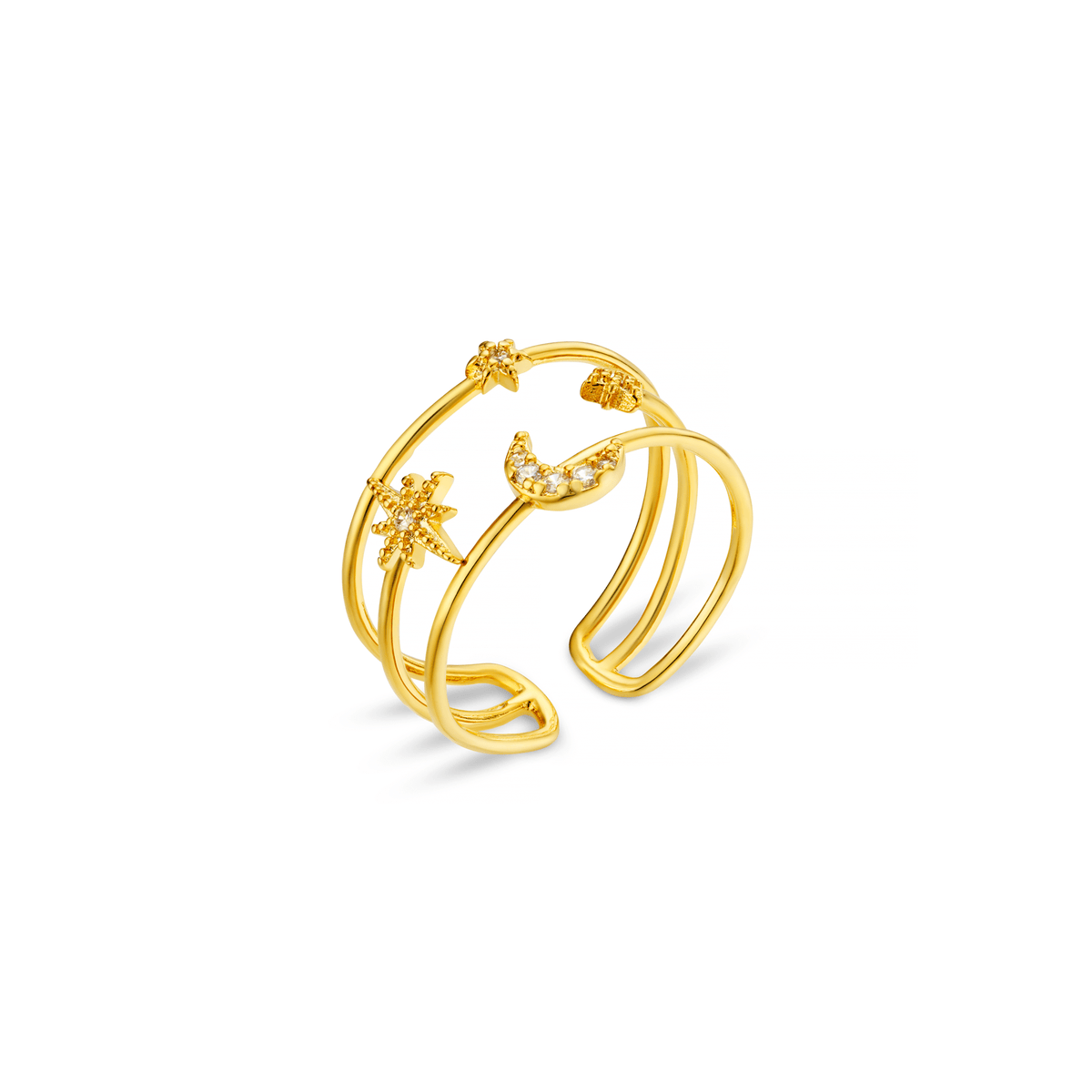 Women’s Open Ring with Star and Moon Motif and Crystal Accents