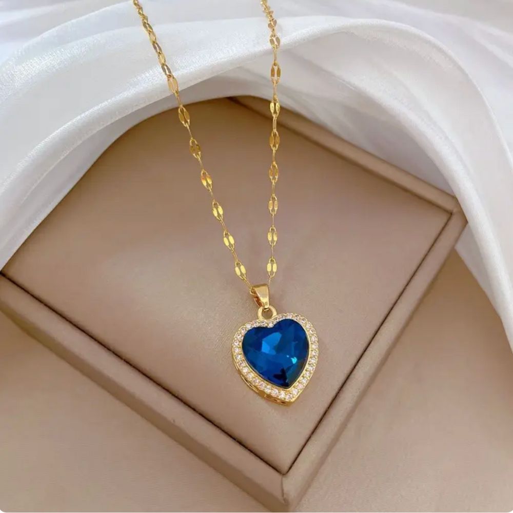 Women’s Heart Pendant Necklace with Large Center Piece and Stone Set Frame