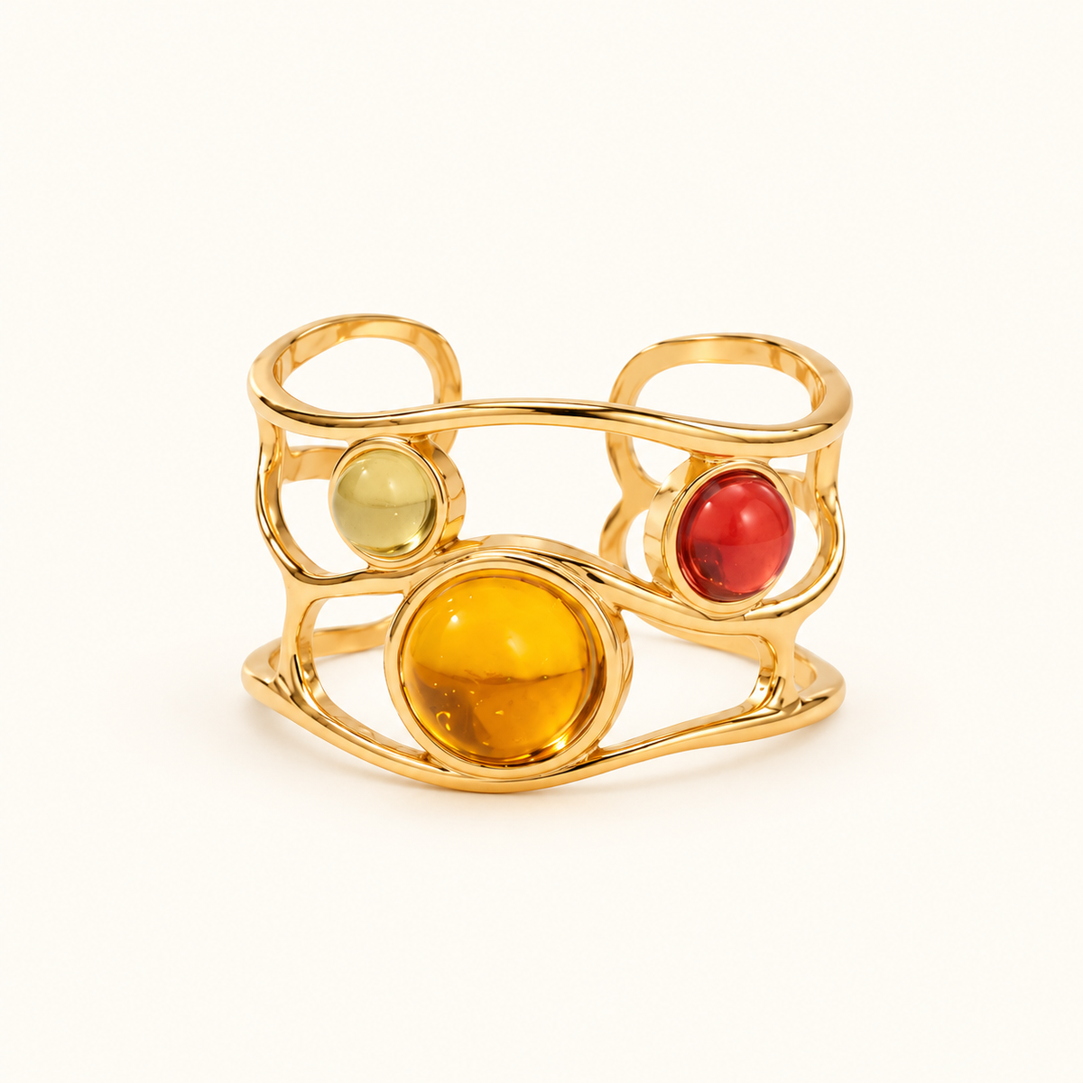Women’s Open Statement Ring with Three Cabochon Stone Details and Curved Orbit Design