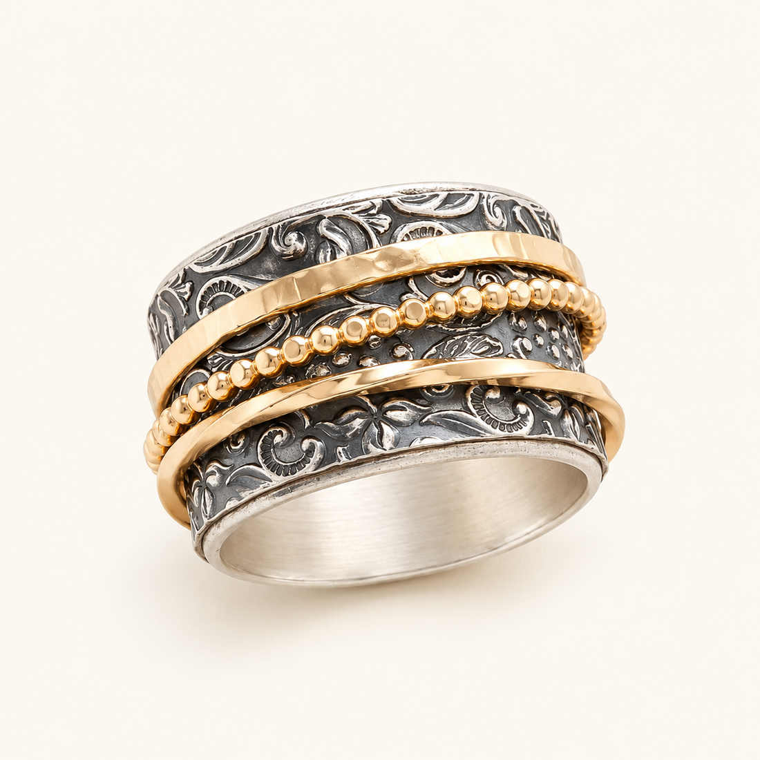 Women’s Wide Ring with Ornamental Engraving and Multi-Row Band Design