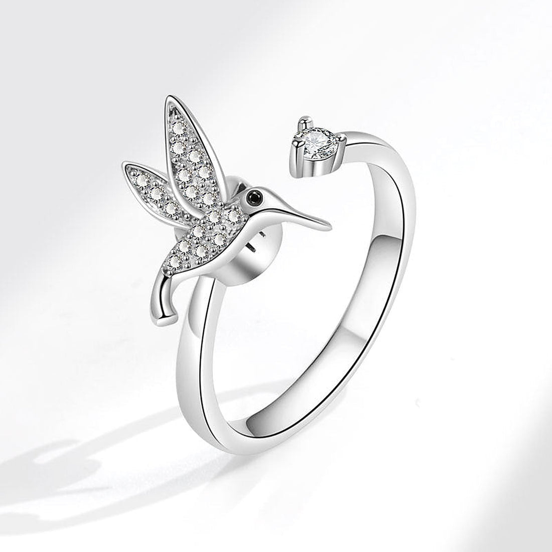 Women’s Adjustable Hummingbird Ring with Wing Motif and Stone Accents