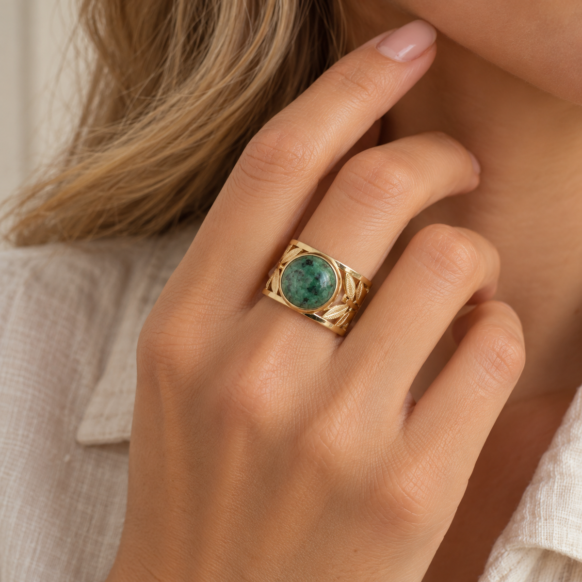 Adjustable Women's Statement Ring with Round Jasper Stone and Leaf Design