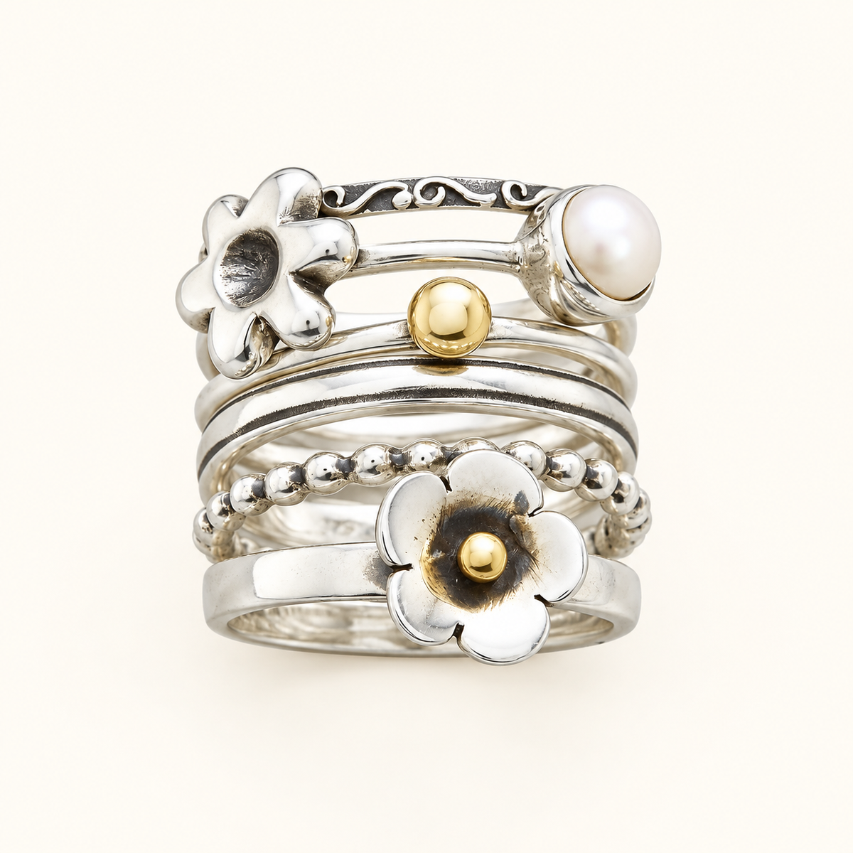 Women's Multi-Row Statement Ring with Floral Motifs and Round Pearl Detail