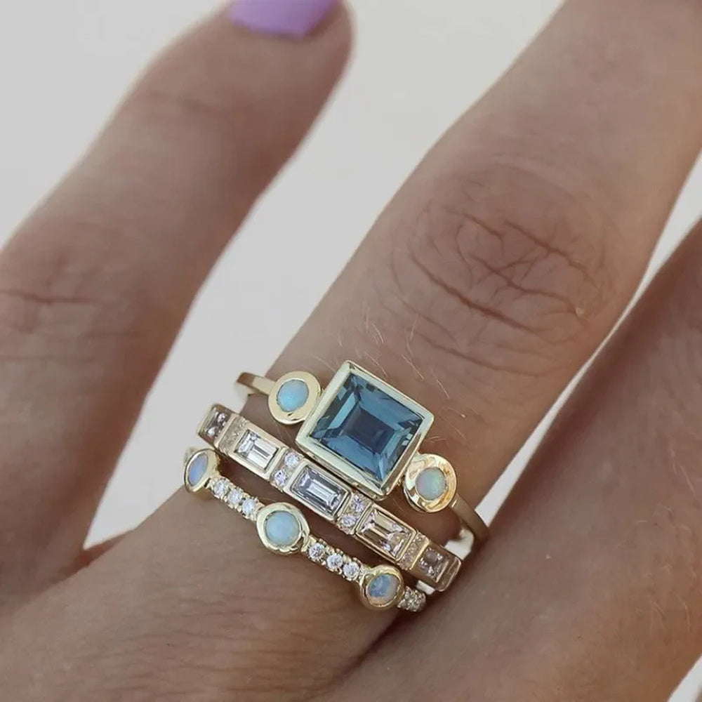 Women's 3-Piece Stacking Ring Set with Square Center Stone and Stone Accents