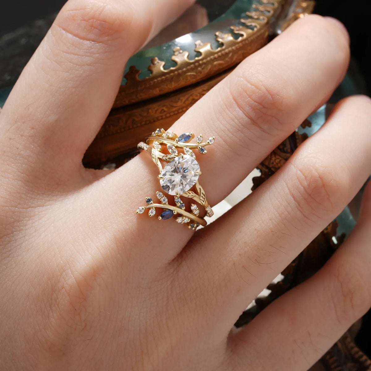 Women’s Statement Ring with Round Center Stone and Floral Vine Motifs
