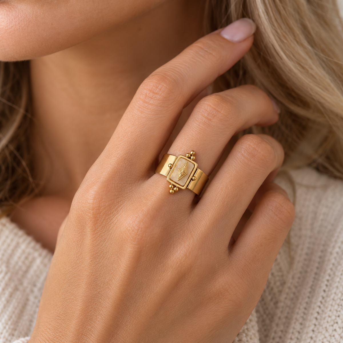 Adjustable Women's Statement Ring with Wide Band and Irregular Stone Centerpiece