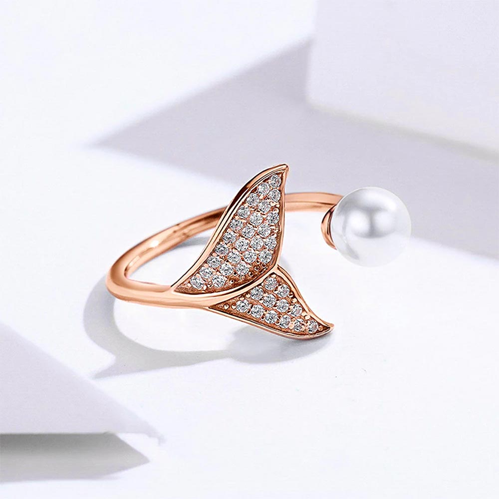 Women’s Adjustable Mermaid Ring with Tail Motif, Pearl Detail and Pavé Stone Setting