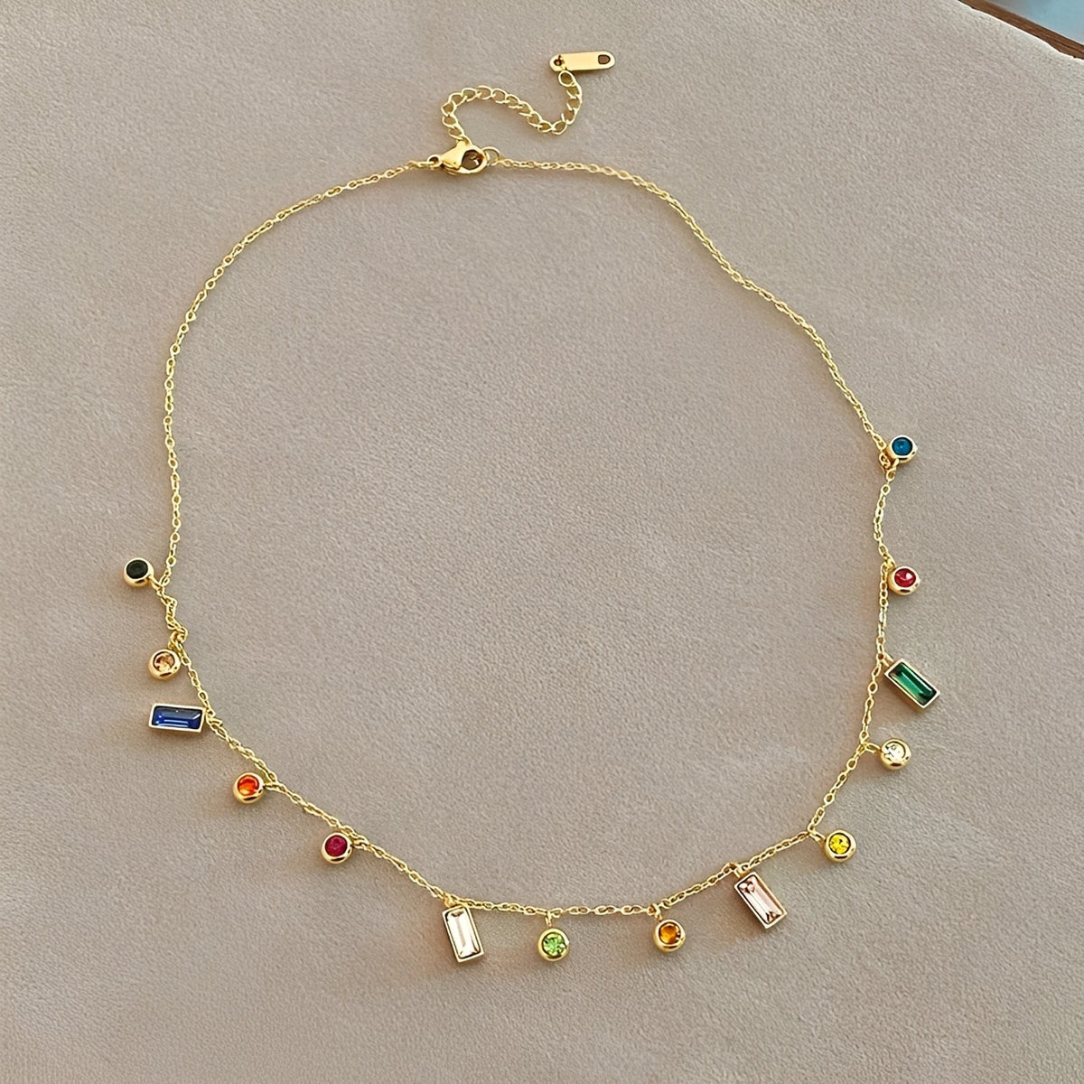 Women's Choker Necklace with Scattered Stone Accents in Round and Rectangular Shapes