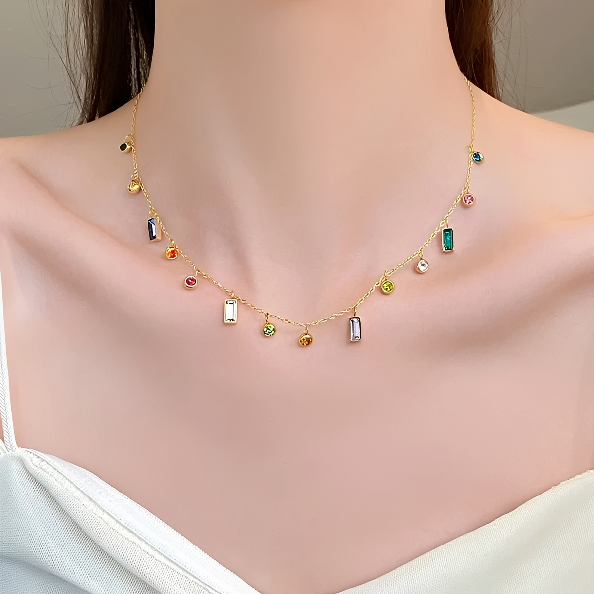 Women's Choker Necklace with Scattered Stone Accents in Round and Rectangular Shapes