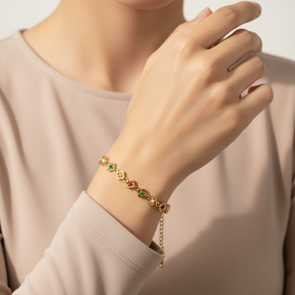 Women’s Charm Bracelet with Multiple Round Motifs and Distributed Stone Accents