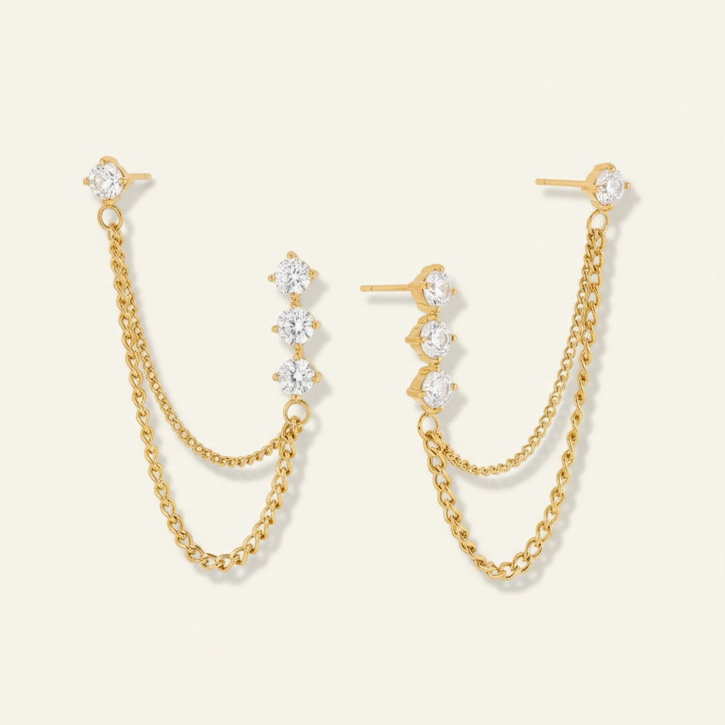Women’s Ear Studs with Vertical Stone Row and Double Chain Arc
