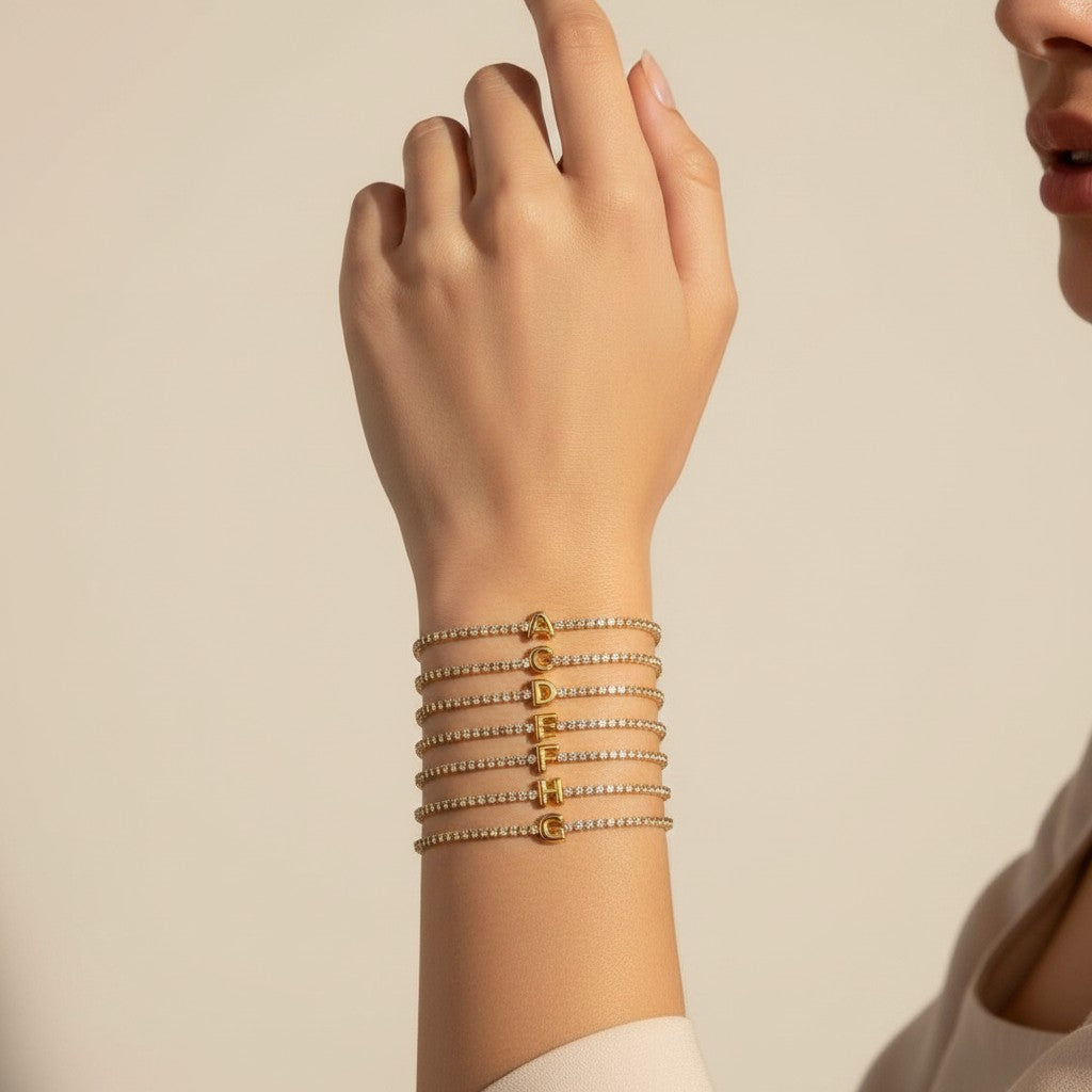 Women’s Initial Bracelet with Letter Charm and Stone Set Chain Details