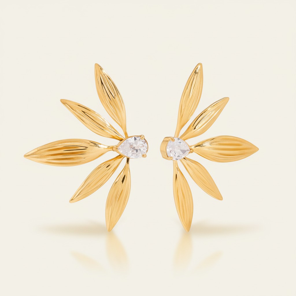 Women’s Leaf Ear Studs with Fan-Shaped Design and Round Stone Accent