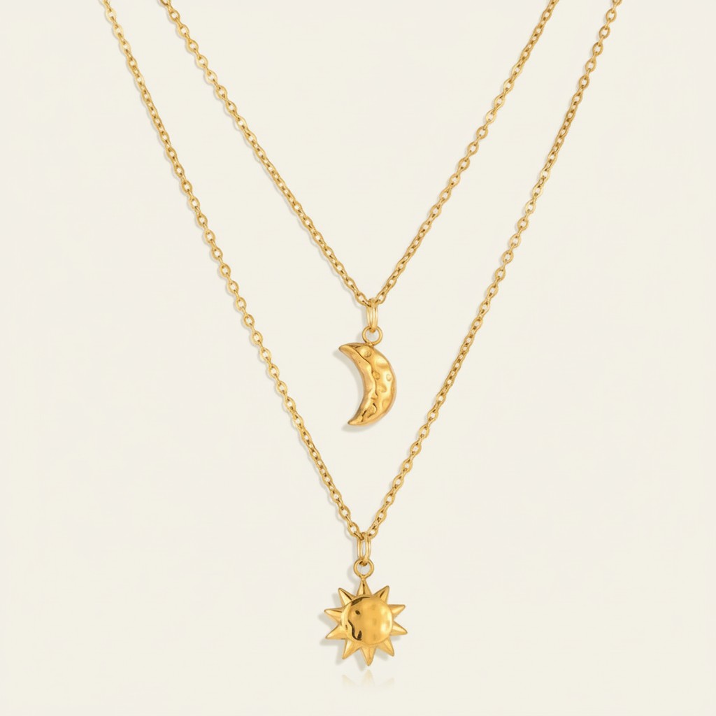 Women’s Layered Necklace with Moon and Sun Pendant