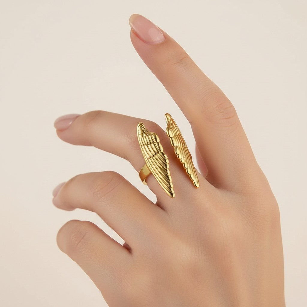 Women’s Open Ring with Angel Wing Motif and Curved Wrap Design