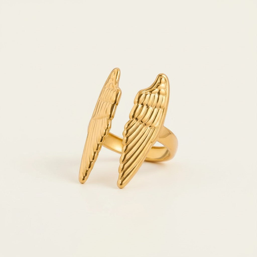 Women’s Open Ring with Angel Wing Motif and Curved Wrap Design