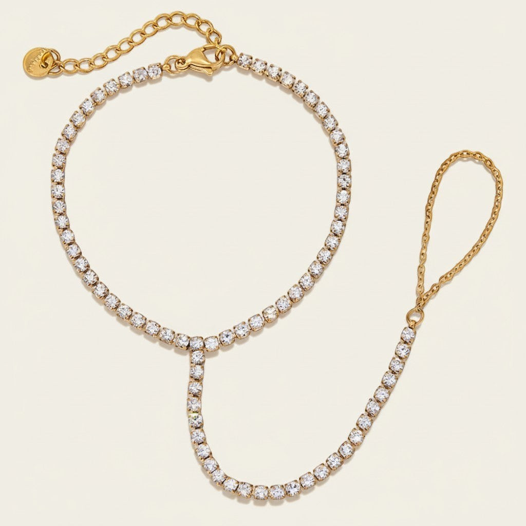 Women's Hand Chain with Round Stone Setting, Finger Ring and Adjustable Bracelet