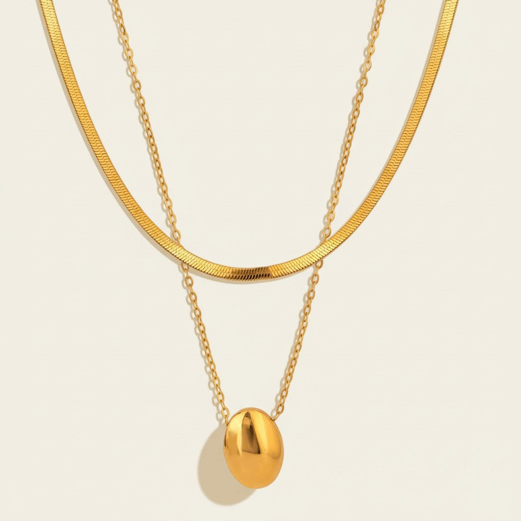 Women’s Layered Necklace with Oval Pendant and Two Different Chains