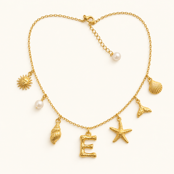 Women's Charm Necklace with Initial, Starfish, Shell and Pearl Accent