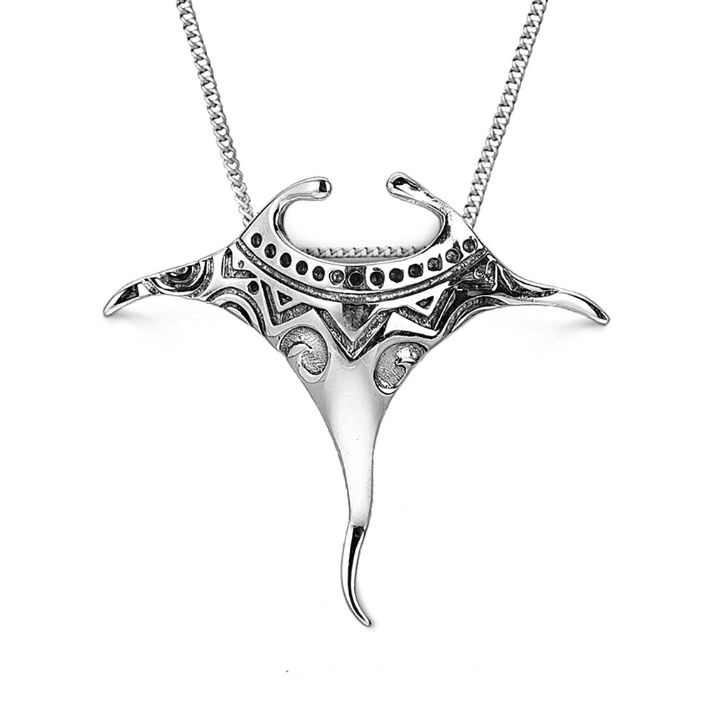 Women’s Manta Pendant Necklace with Engraved Pattern and Wide Wing Shape