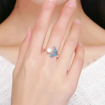 Women’s Adjustable Mermaid Ring with Tail Motif, Pearl Detail and Pavé Stone Setting