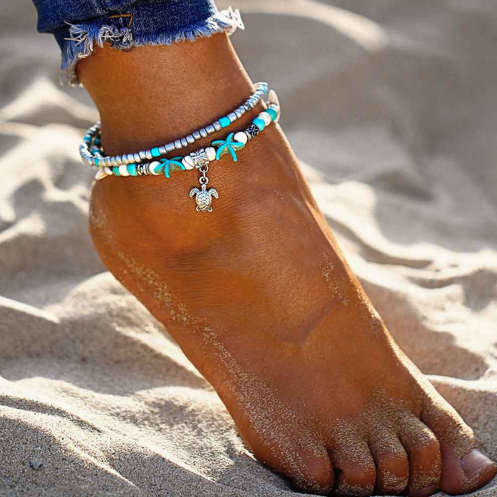 Women’s Multi-Strand Anklet with Turtle, Starfish, and Shell Motifs