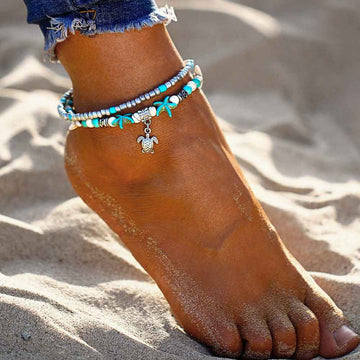 Women’s Multi-Strand Anklet with Turtle, Starfish, and Shell Motifs