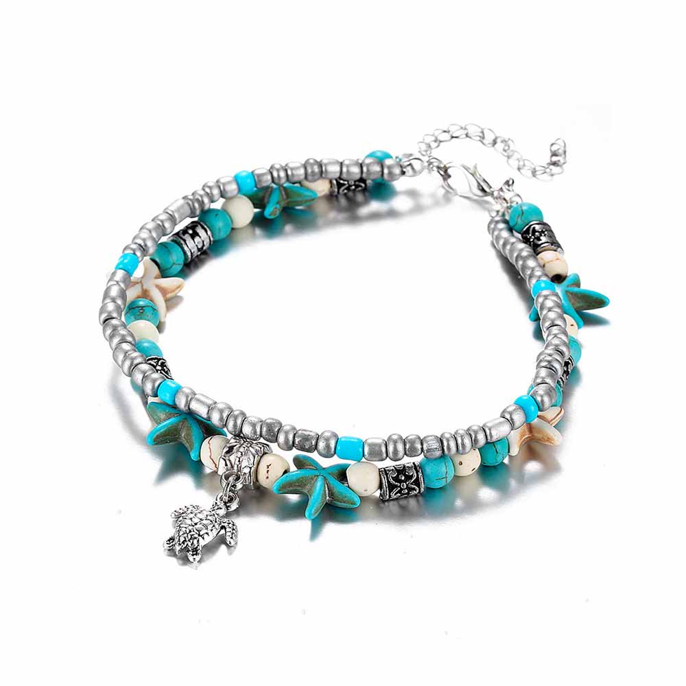 Women’s Multi-Strand Anklet with Turtle, Starfish, and Shell Motifs
