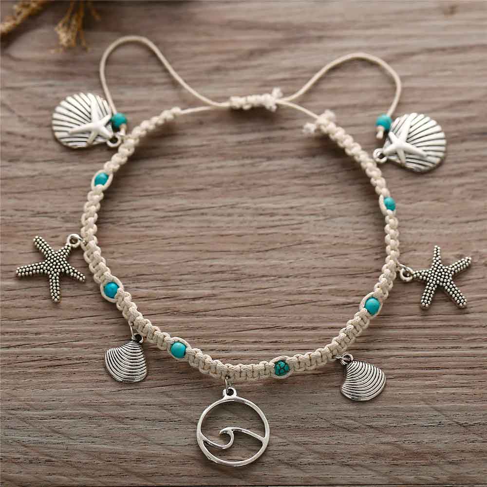 Women’s Braided Anklet with Waves, Starfish and Shell Charms