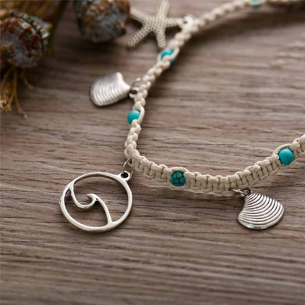 Women’s Braided Anklet with Waves, Starfish and Shell Charms