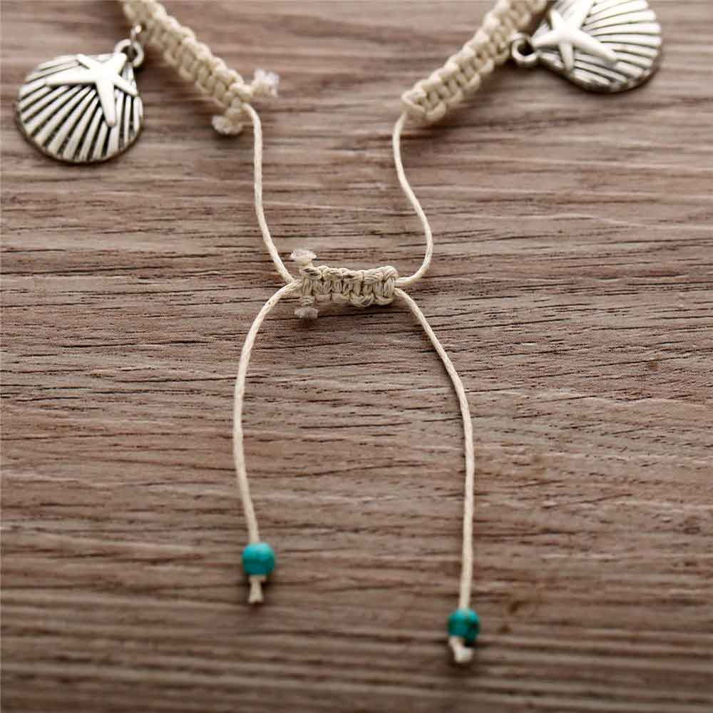 Women’s Braided Anklet with Waves, Starfish and Shell Charms