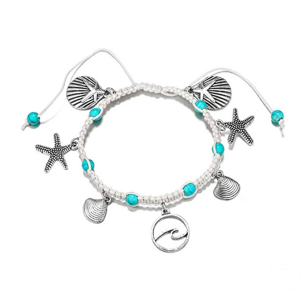 Women’s Braided Anklet with Waves, Starfish and Shell Charms
