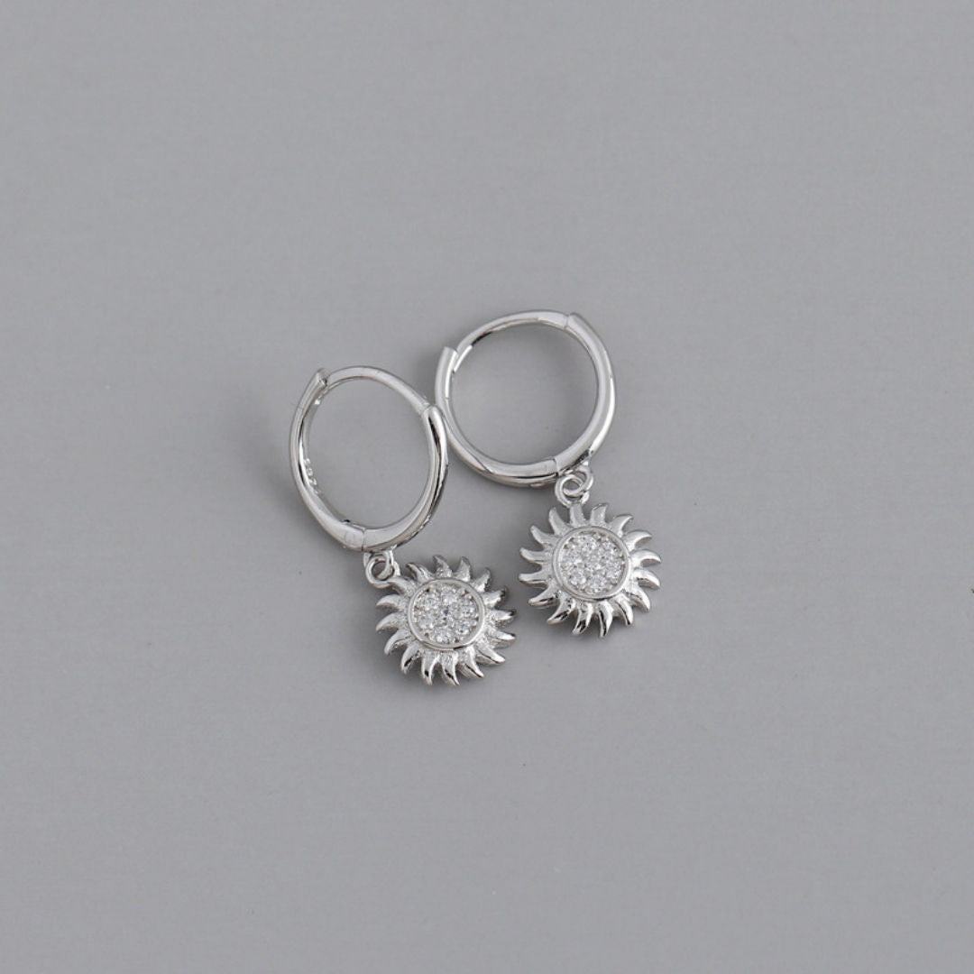 Women’s Huggie Earrings with Sun Pendant and Round Stone Setting