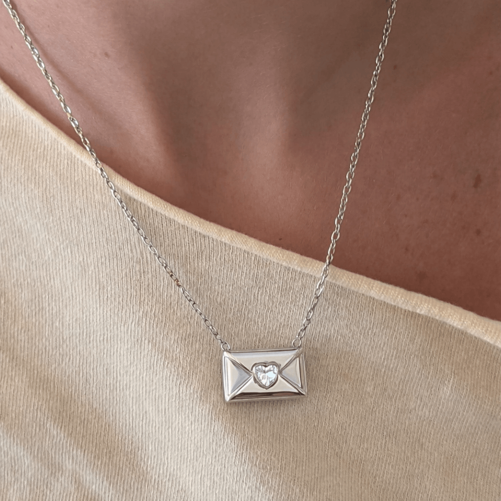 Women's Pendant Necklace with Envelope Motif and Heart-Shaped Stone Accent