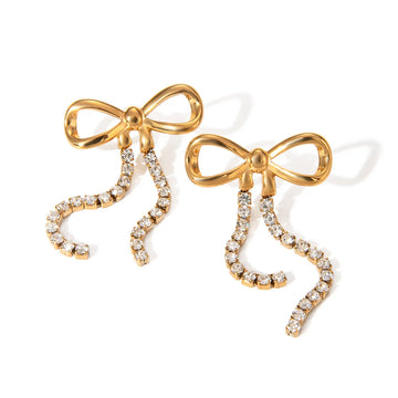Women's Drop Earrings with Bow Motif and Double Stone Fringes