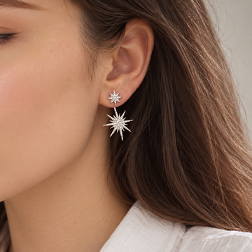 Women’s Ear Studs in Statement Style with Double Star Design and Continuous Stone Embellishment