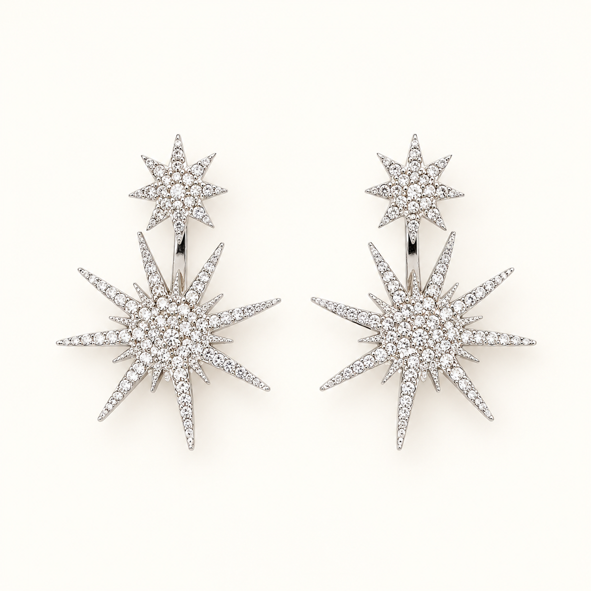 Women’s Ear Studs in Statement Style with Double Star Design and Continuous Stone Embellishment