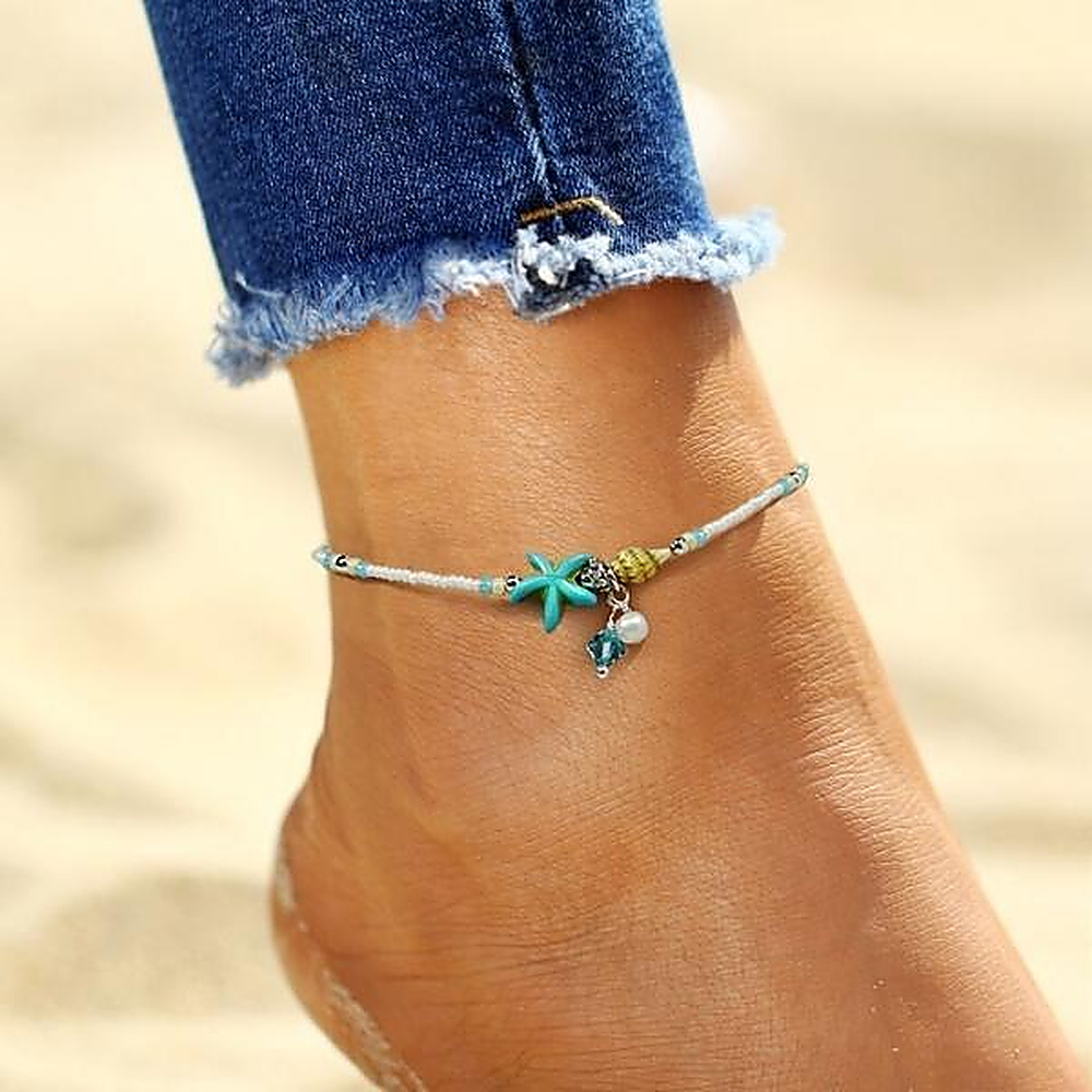 Women's Anklet with Starfish, Shell, and Bead Details