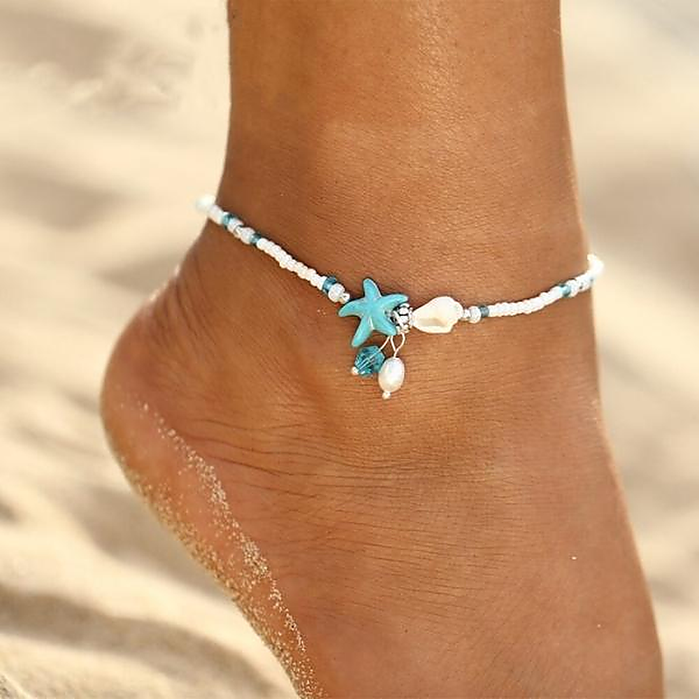 Women's Anklet with Starfish, Shell, and Bead Details