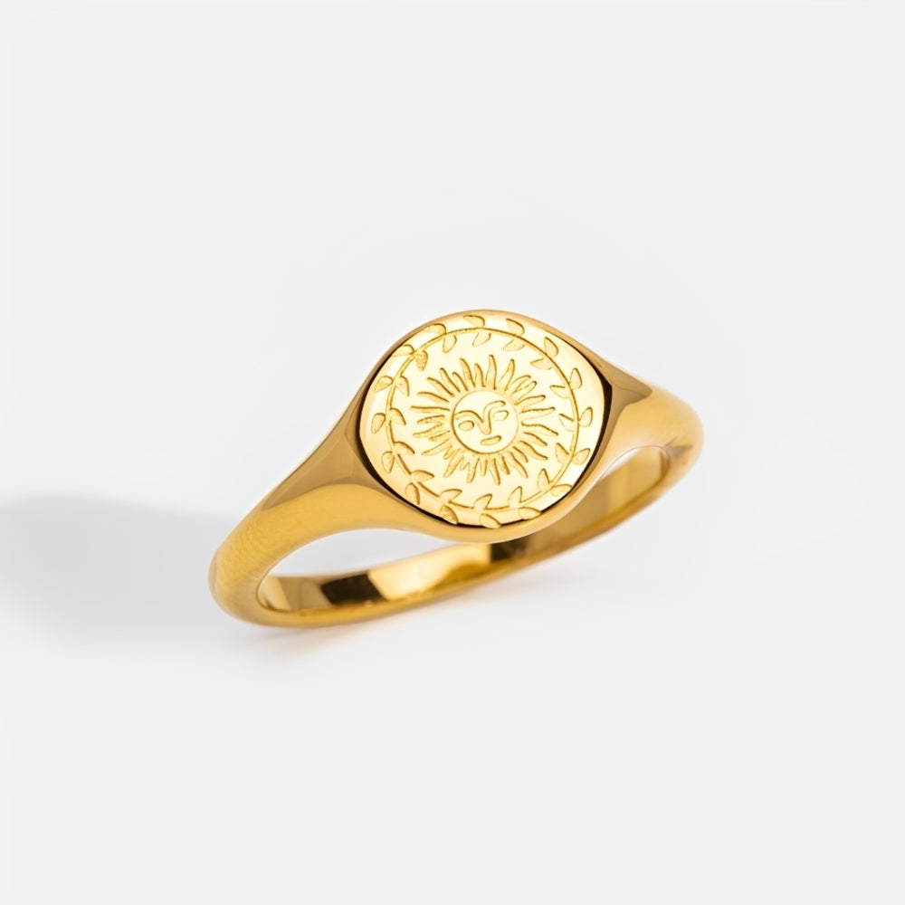Women’s Signet Ring with Sun Motif and Floral Border Engraving