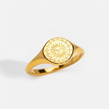 Women’s Signet Ring with Sun Motif and Floral Border Engraving